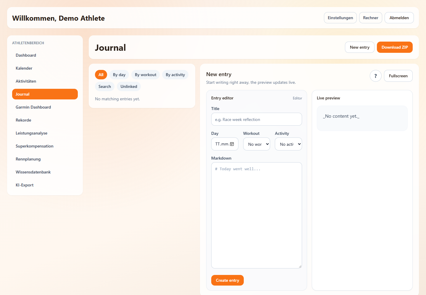 Die Journal-Seite mit Eintragsliste links und Editor mit Live-Vorschau rechts