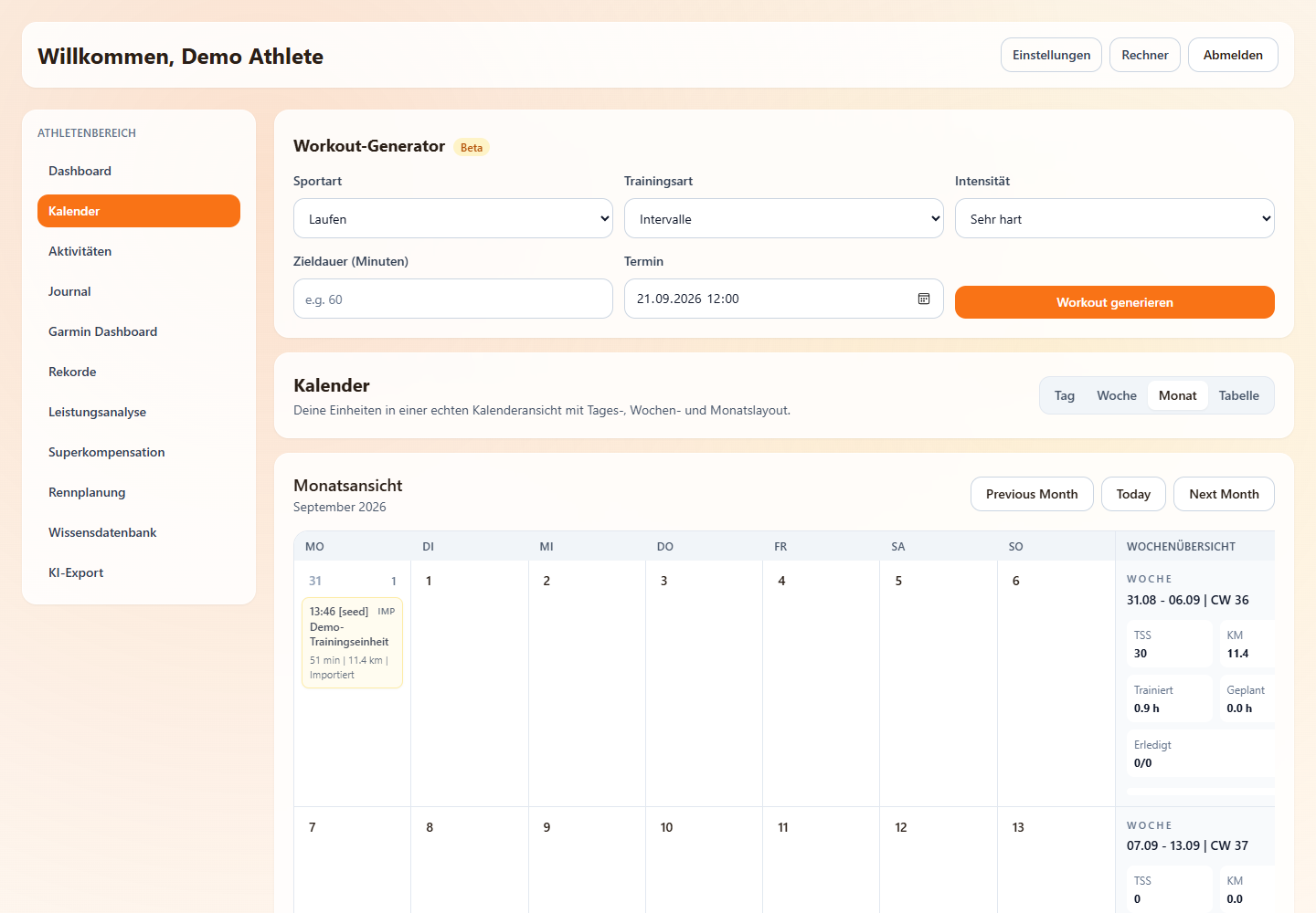 Der Kalender von tri-train mit Workout-Generator und Monatsansicht