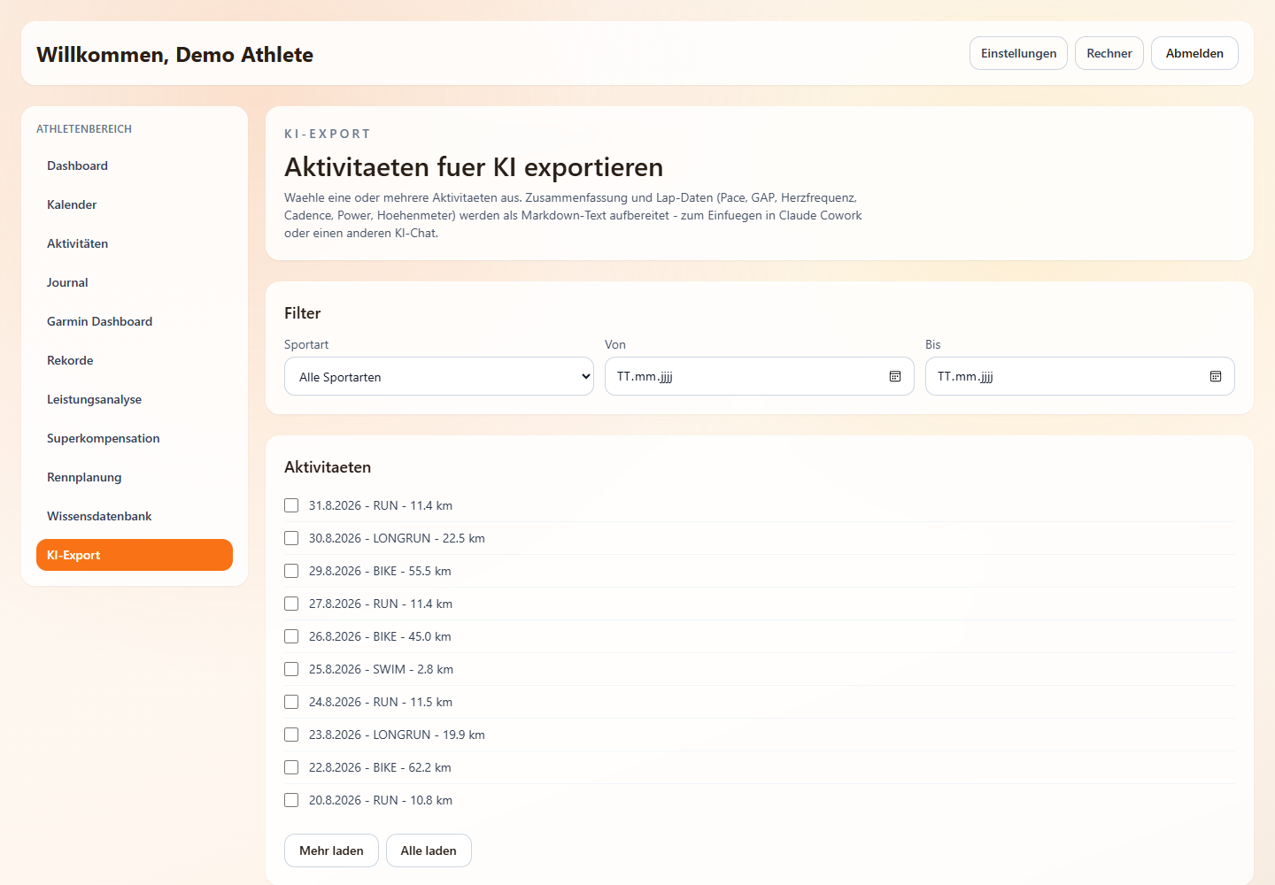 Der KI-Export mit Filtern, Aktivitätenliste und Markdown-Vorschau