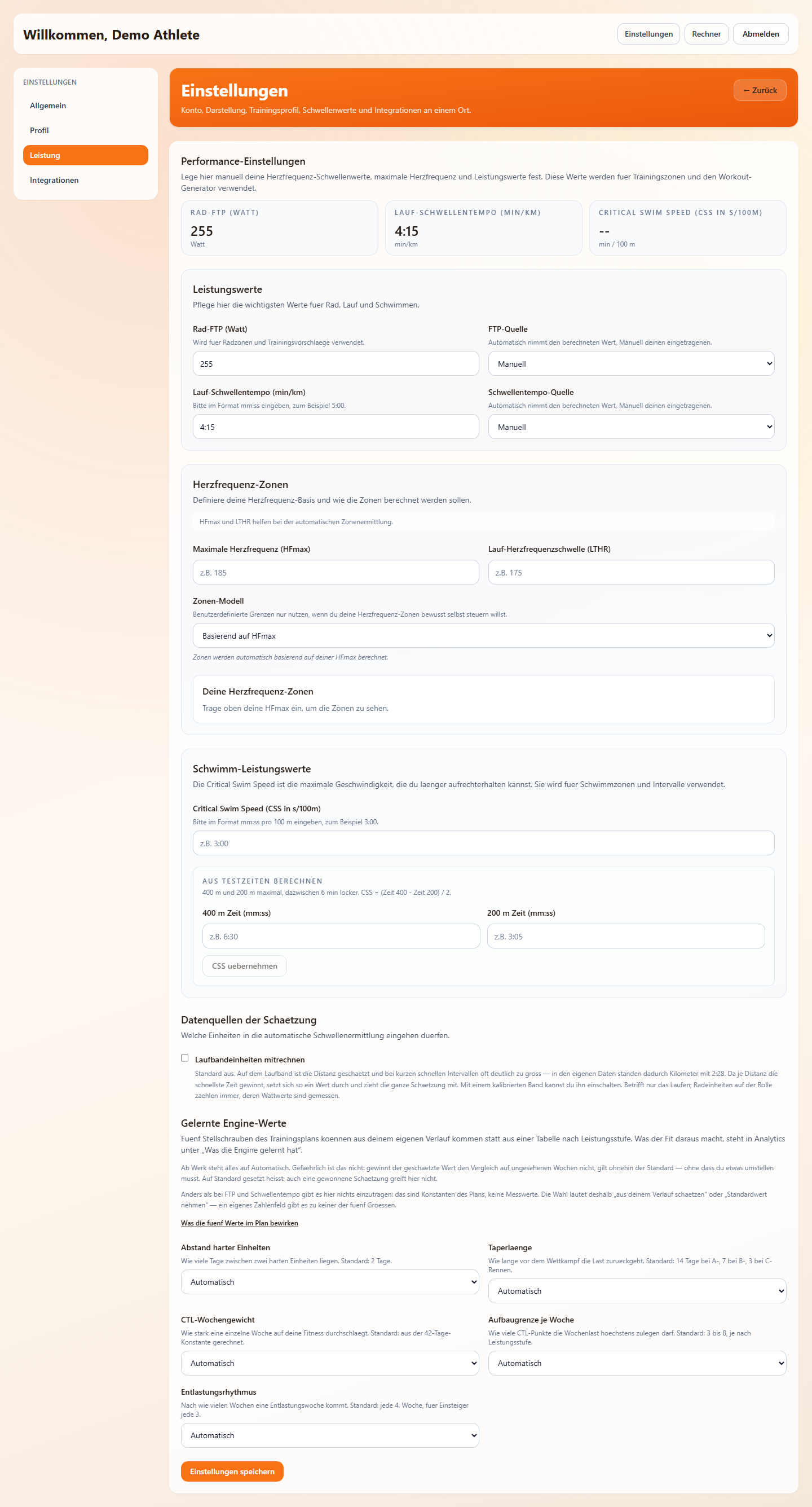Der Tab Leistung in den Einstellungen
