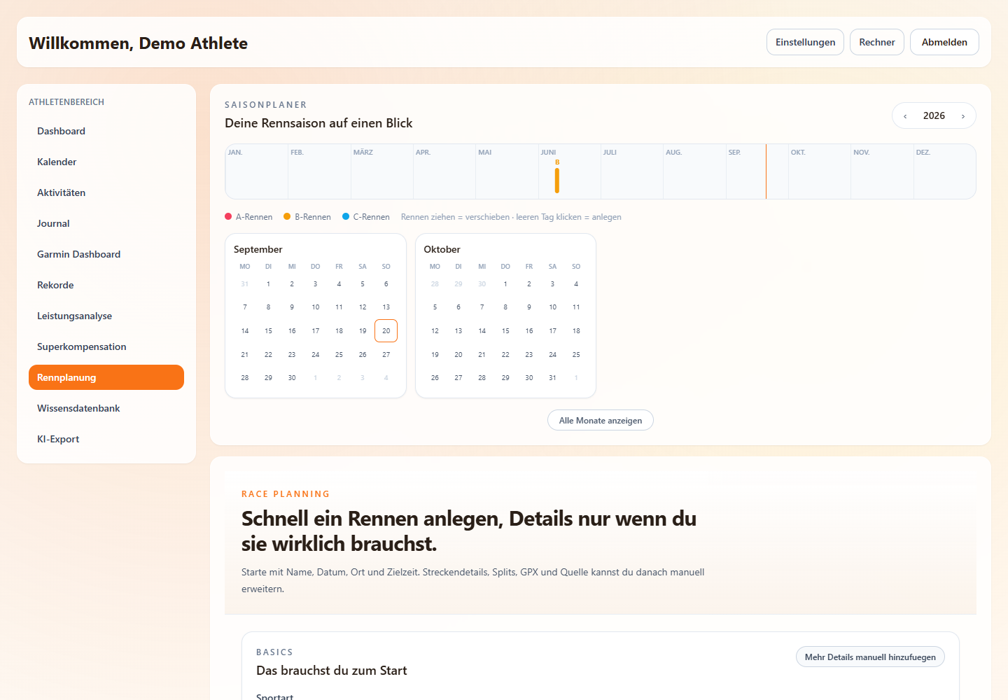 Die Rennplanung mit Anlegen-Formular und der Liste der geplanten Rennen
